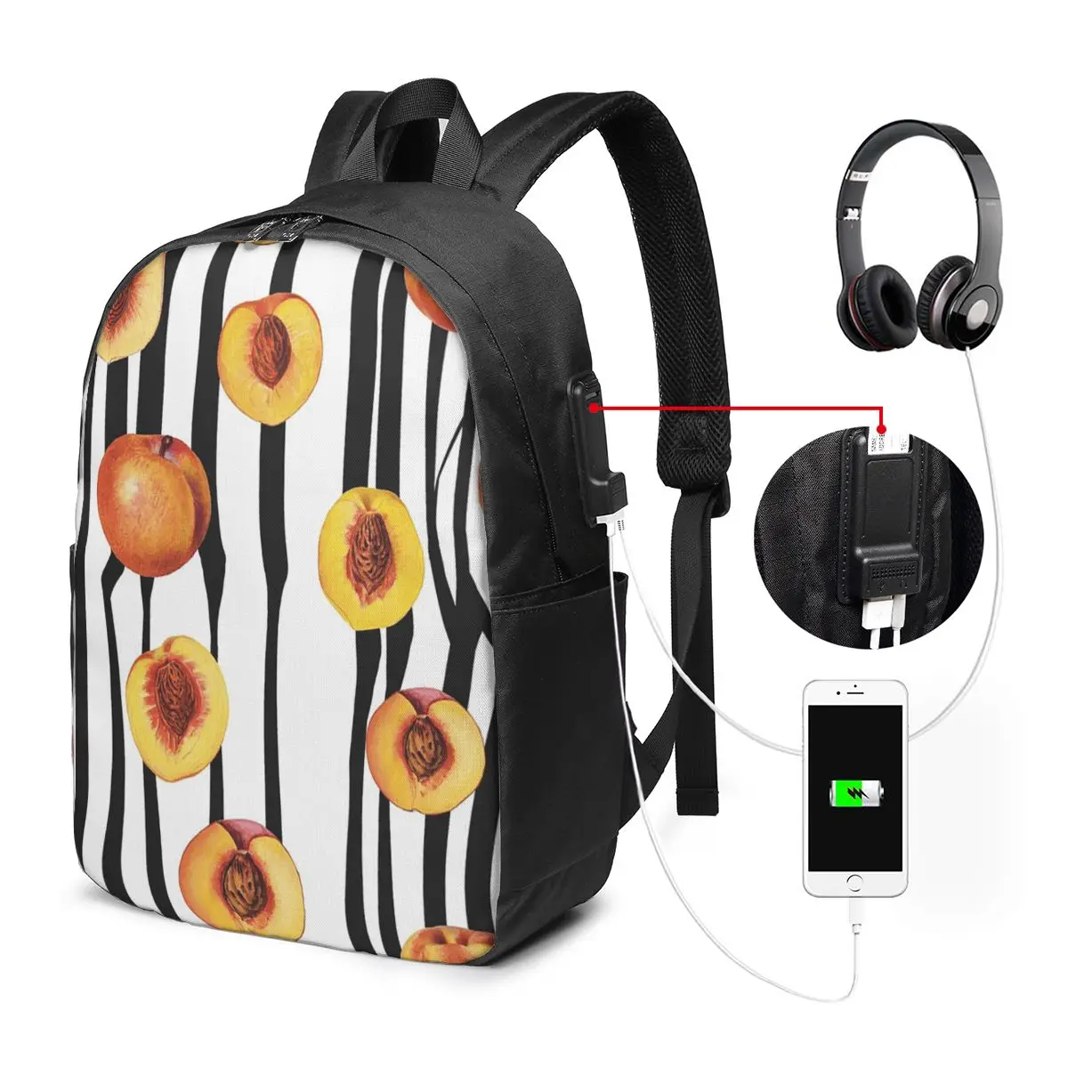 Yellow Peach Fruit Pattern Oil Painting Backpack Travel Notebook Bag Computer College Student School Bag Laptop Shoulder Bags