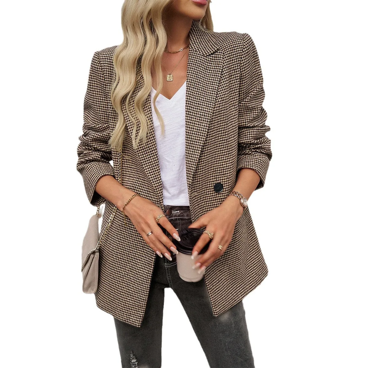 2024 Autumn and Winter European and American Foreign Trade Women's Wear Commuter Contrast Color Lapel Button Small Suit