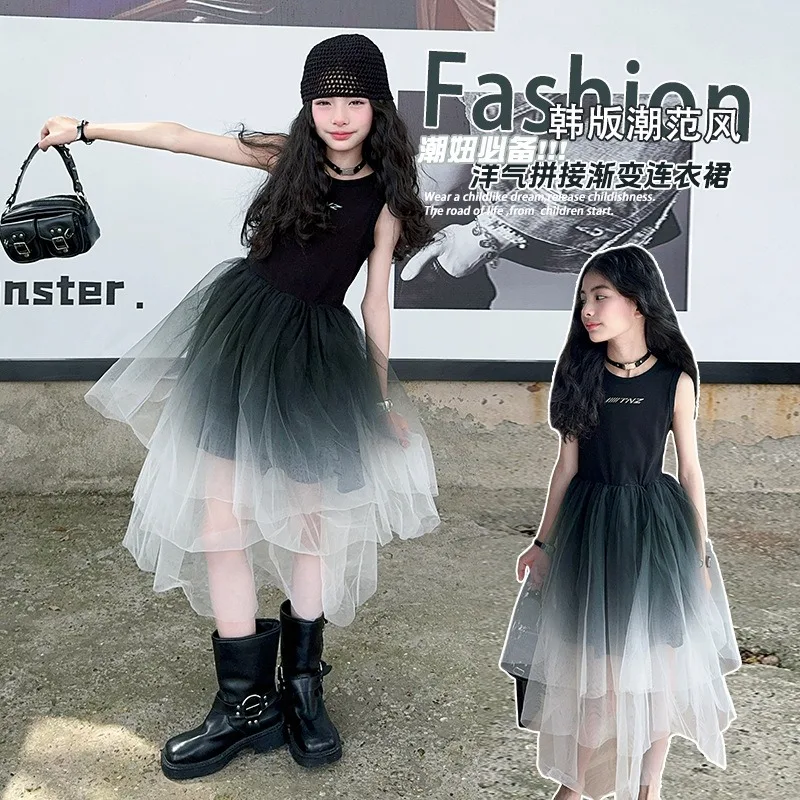 

Girls Summer Princess Vest Cake Dress 2025 New Fashion Girls Korean Gradual Change Color Sleeveless Yarn Puff Dress