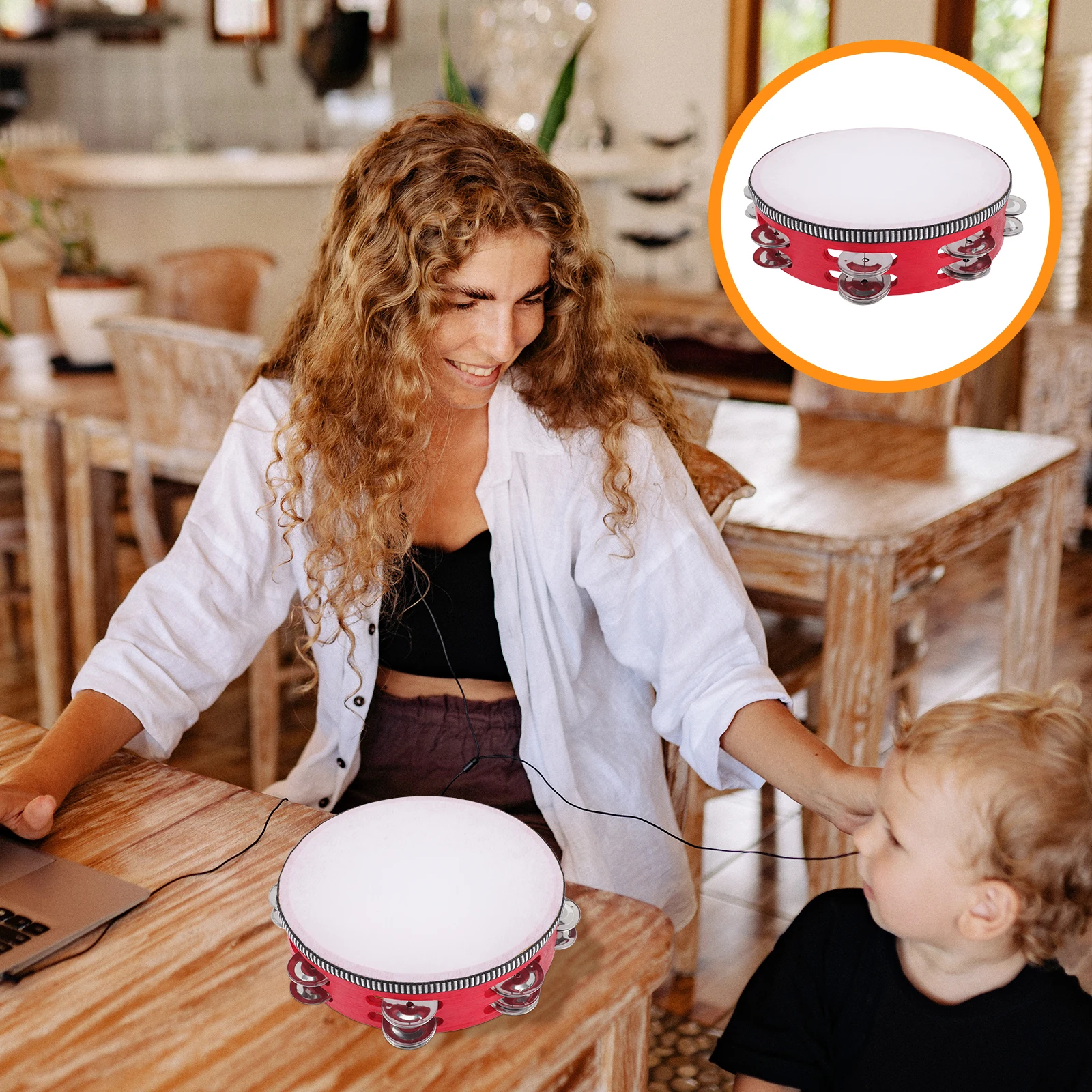 

8 Inch Wooden Tambourine H Drum Double Row Bells Kids Adults Musical Instrument Shaker Rattle Percussion Portable Durable