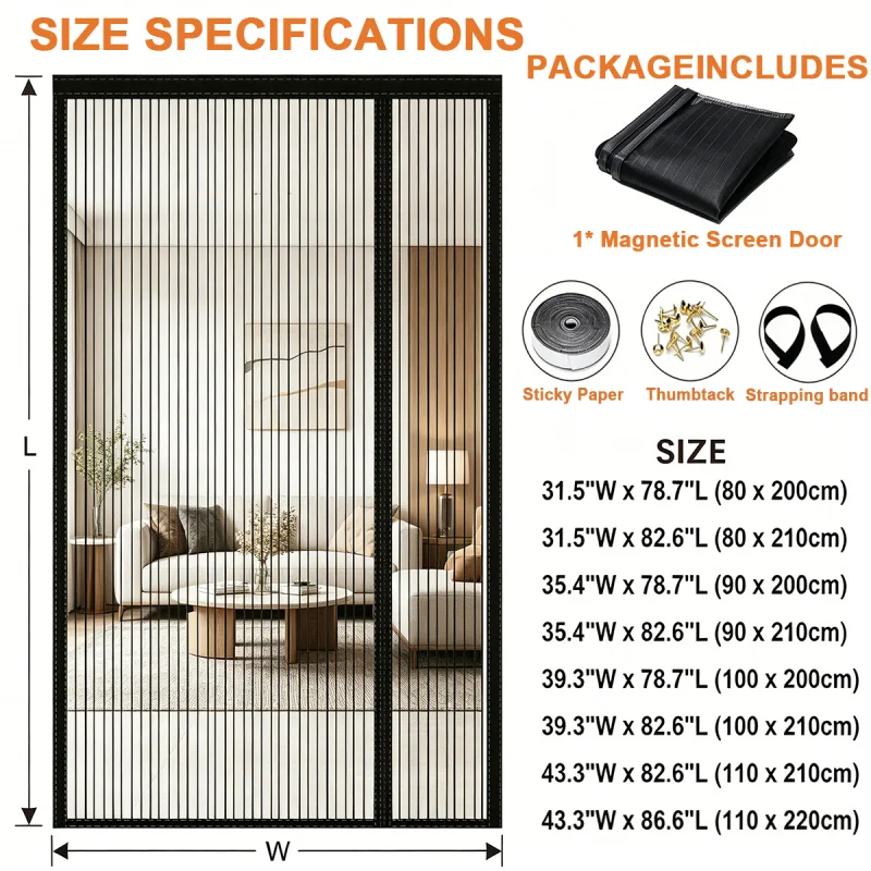 Magnetic Screen Door Curtain, Reversible Left/Right Curtains, Insect-Proof Mesh Door Curtain, Balcony & French Doors-Black