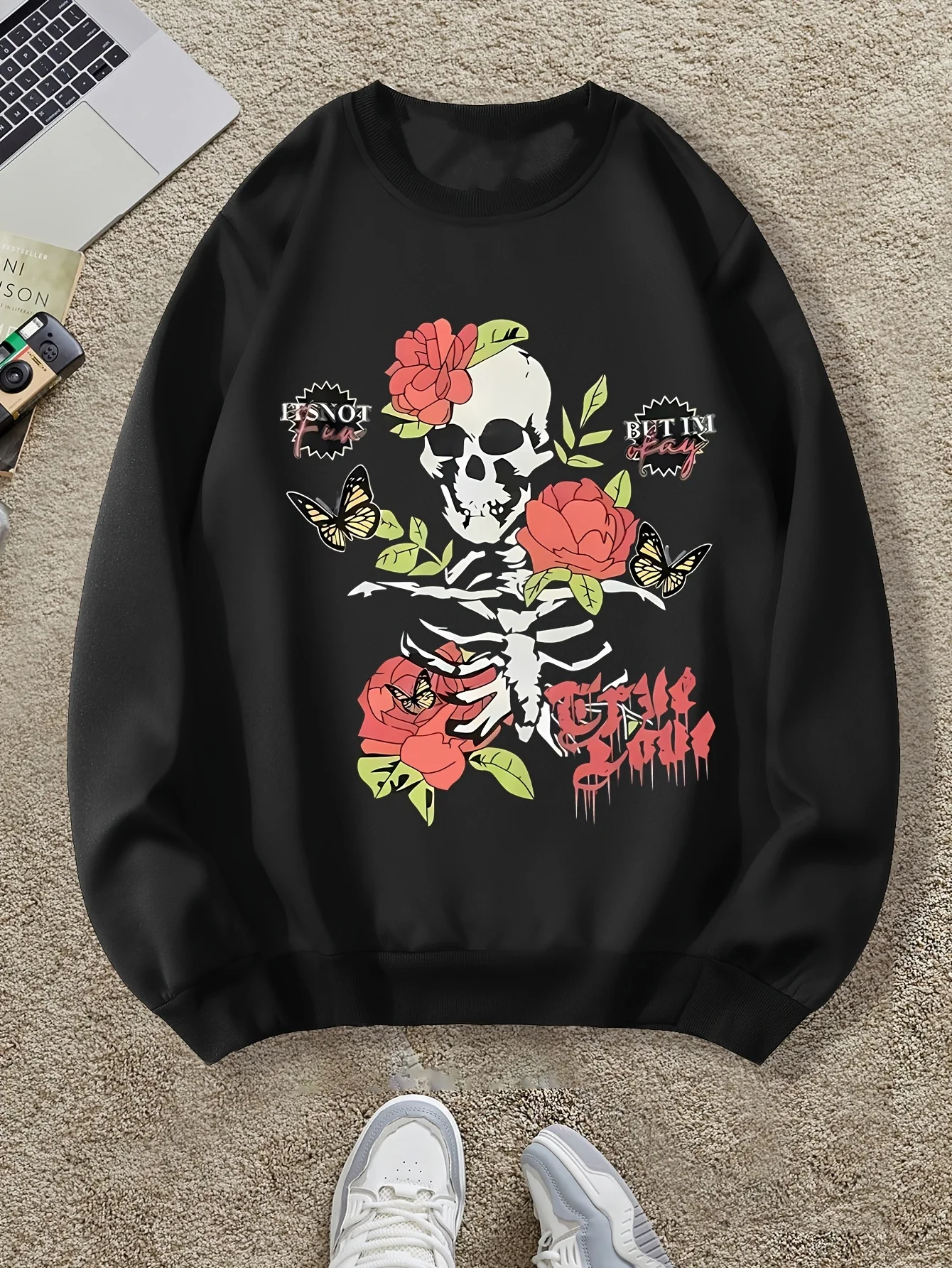 

Skull Flower Pattern Print Autumn and Winter Men's and Women's Long Sleeved Sportswear Sweatshirt Casual Loose Outdoor Street