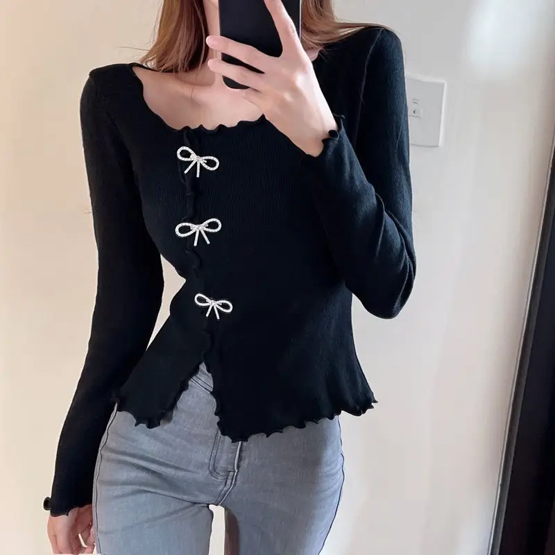 Women Fungus Side Short Knitted Bottoming Shirt Slim Black/White Bowknot Irregular Tops Fall Stretch Korean Long Sleeve Sweater