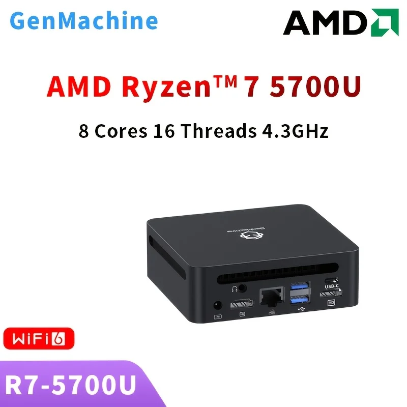 Genmachine amd ryzen7 5700u 5800h 5800u 5825u 5900hx mini computador de jogos bolso duplo lan wifi6 bt 5.2 escritório ddr4 3200mhz