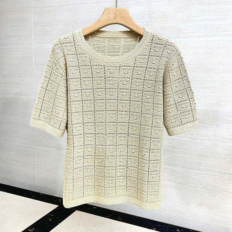 Women's Hollow-Out Retro-Style Short-Sleeve Knitted Top — Casual, Versatile, and Minimalist — Summer 2026 Collection