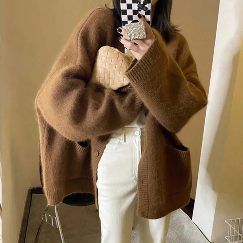 Rimocy Autumn Winter Simple Loose Cardigan Women Korean Fashion V Neck Knitted Outwear Woman All-Match Students Sweater Cardigan