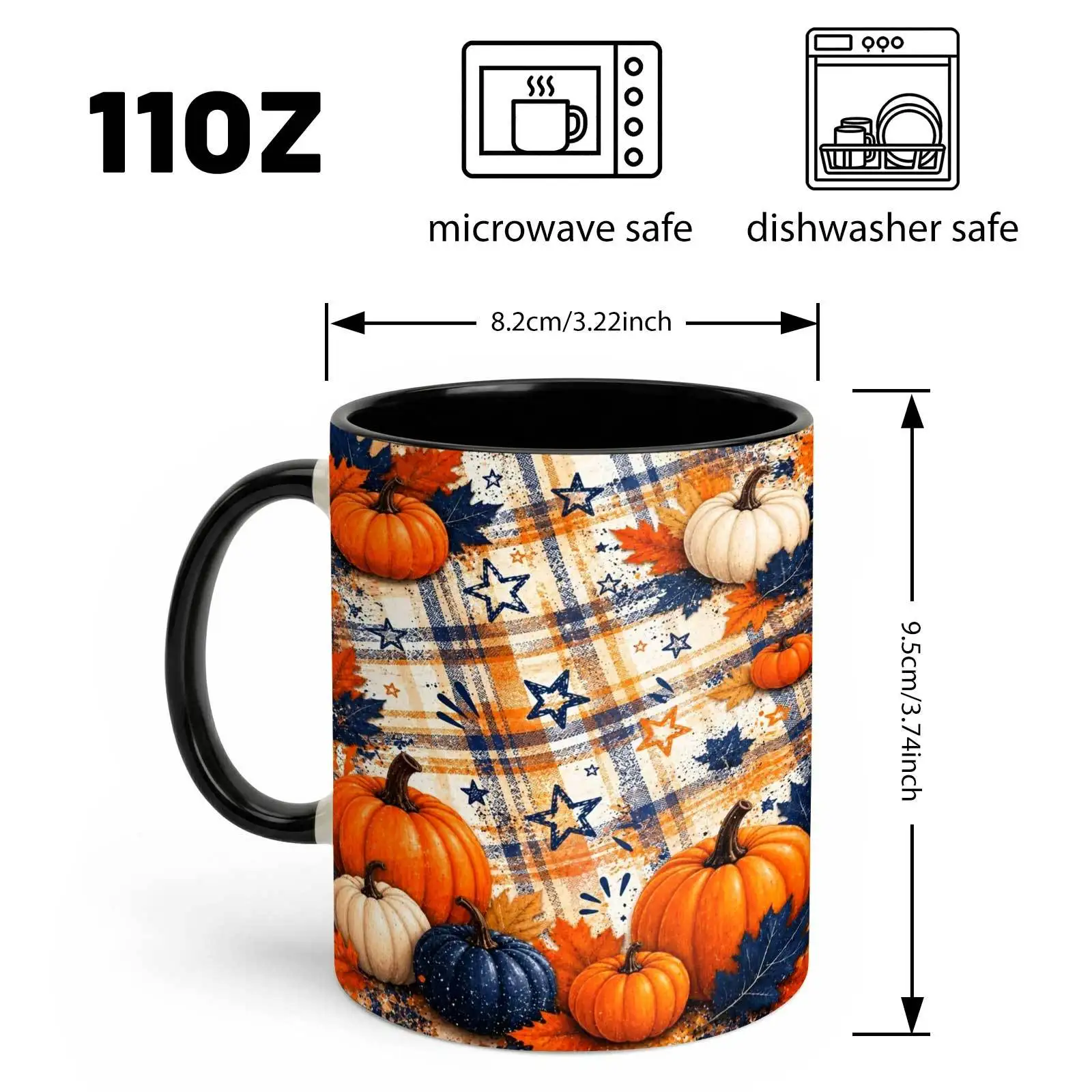 1pc, Pumpkin and Plaid Stars, 11oz Color Ceramic Mug, Rustic Farmhouse Design, for Home and Office, Thanksgiving Gift, Tumbler, Local Warehouse, Gifts for Men and Women, Friends.