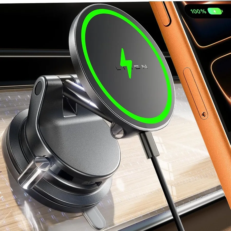 

15W Magsafe Car Mount Charger with Lever Lock Suction Cup Phone Holder for iPhone 17 Pro Max Air 16 15 14 13 12 360 Rotating Ma