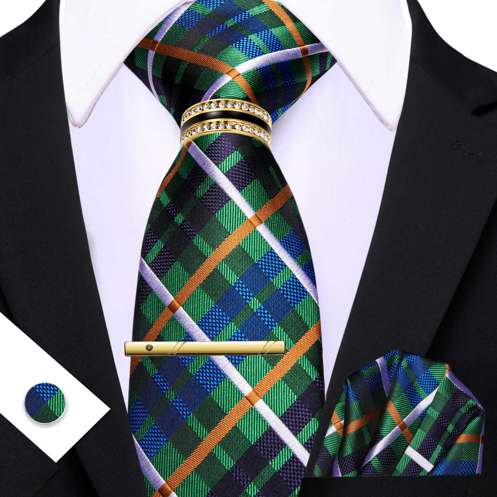 gravata-masculina-verde-dourado-marrom-xadrez-verifica-moda-geometrica-lacos-lenco-abotoadura-clipe-anel-conjunto-festa-de-casamento-evento