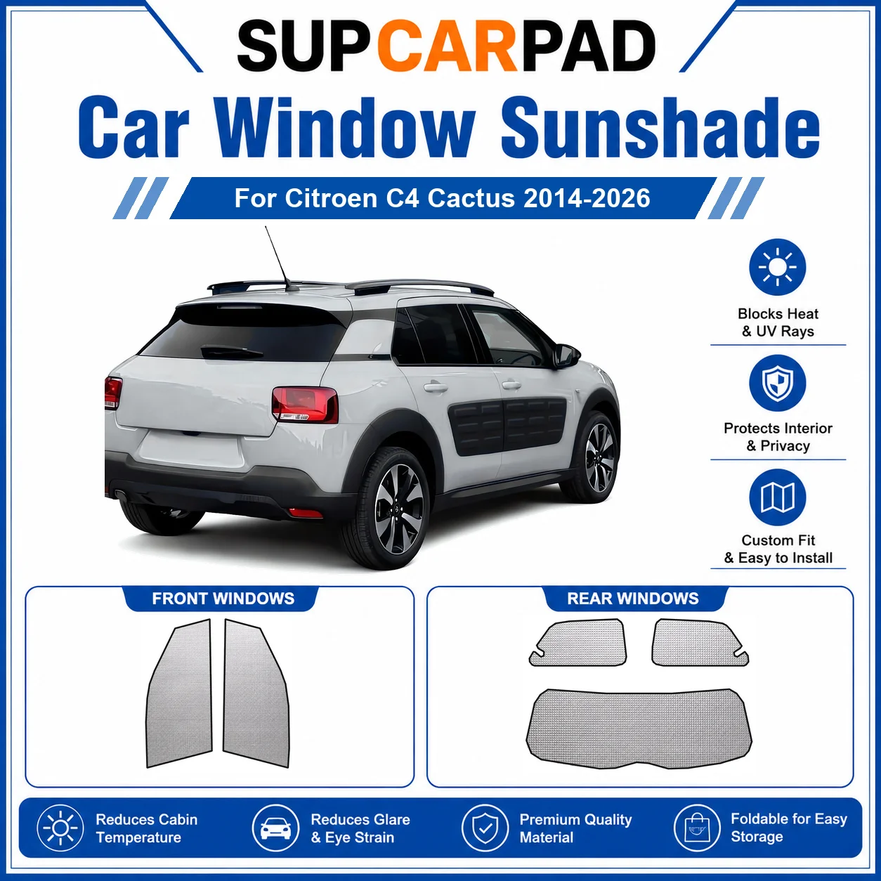 For Citroen - Citroen C4 Cactus 2014-2026 Full Set Car Window Sunshades UV Block Privacy Heat Insulated Foldable Car Curtain
