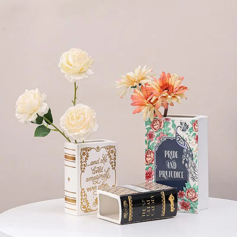 

Ceramic Book Shape Vase Blue and White Porcelain Flower Pot Home Desk Decor for Living Room Study Office Decoration