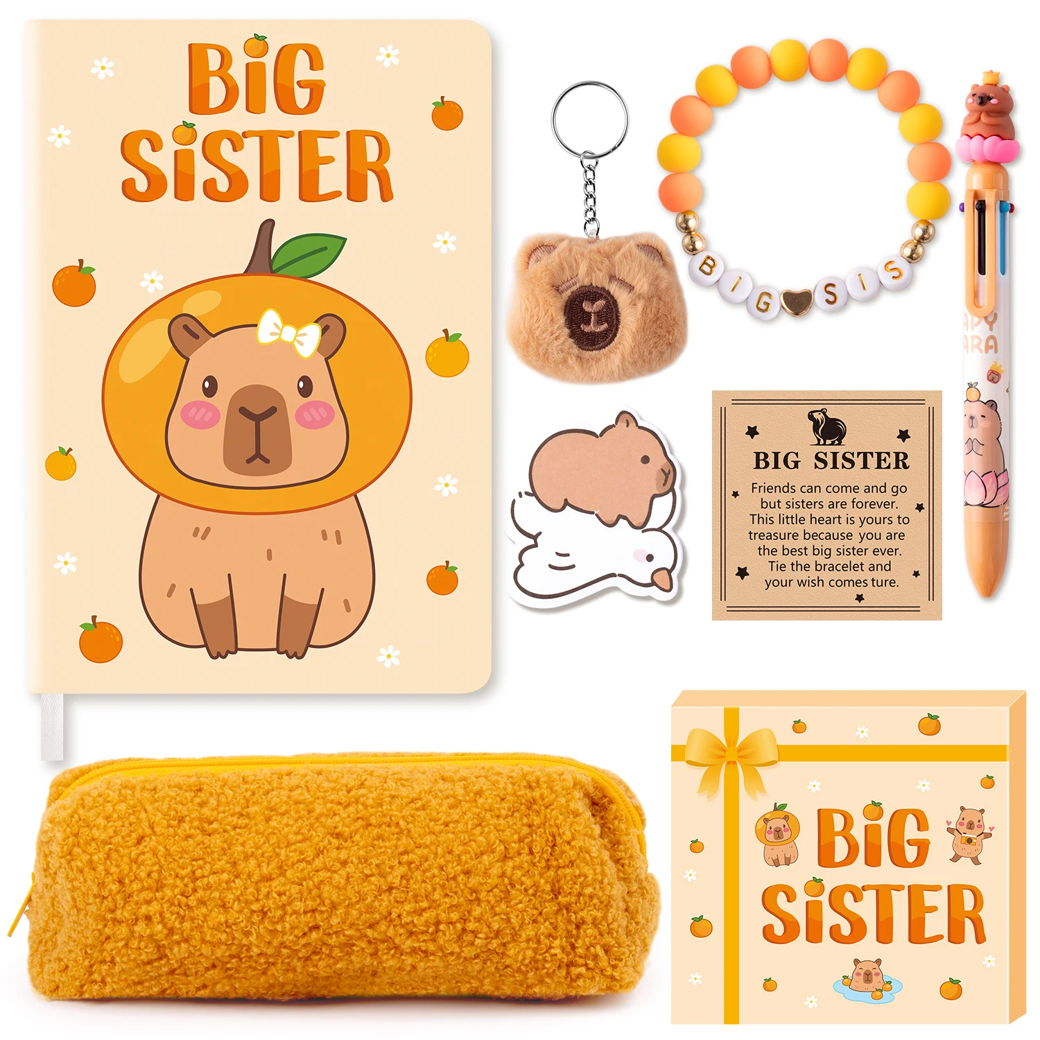 

Подарки для девочек на мероприятие «Открытие пола»: блокнот с розовым бантом/капибарой, брелок, браслет, пенал, стикеры