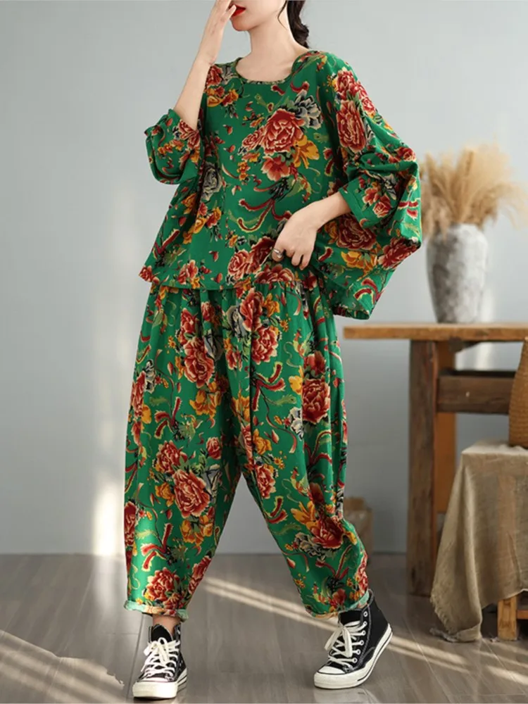 Oversized Flower Floral Print Autumn 2 Two Piece Set Women Long Sleeve Fashion Ladies Blouses Loose Pleated Woman Harem Pants