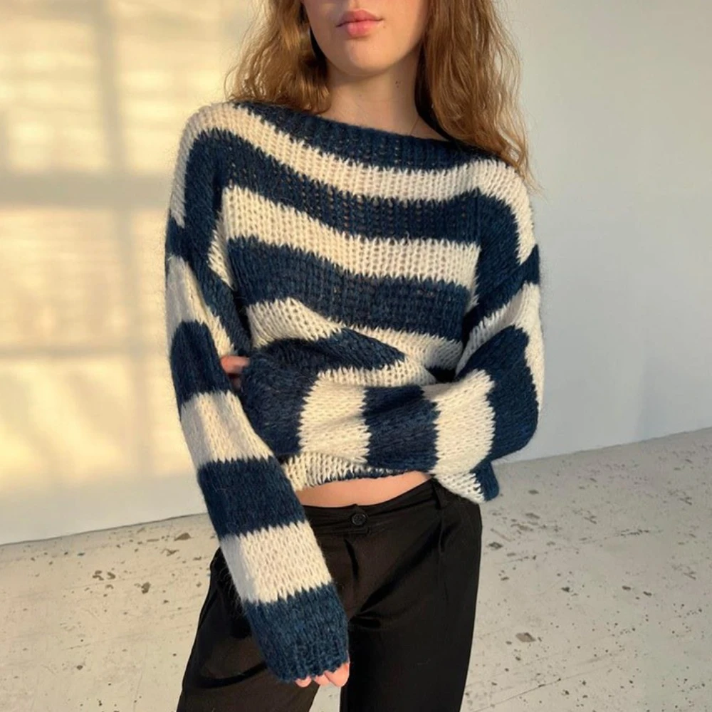 

Casual Blue White Striped Sweaters For Women Warm Long Sleeve Slash Neck Knitted Boho Beach Pullovers Autumn Sweater Jumpwes