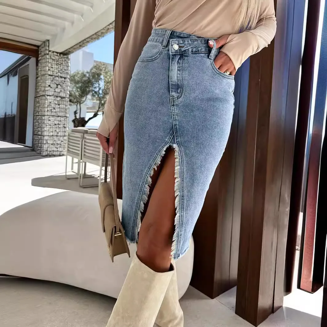 Women Spring Summer New Slit Fashion Casual Solid Color Denim Skirt High Waist Sexy Slim Skinny Ankle Length Skirt