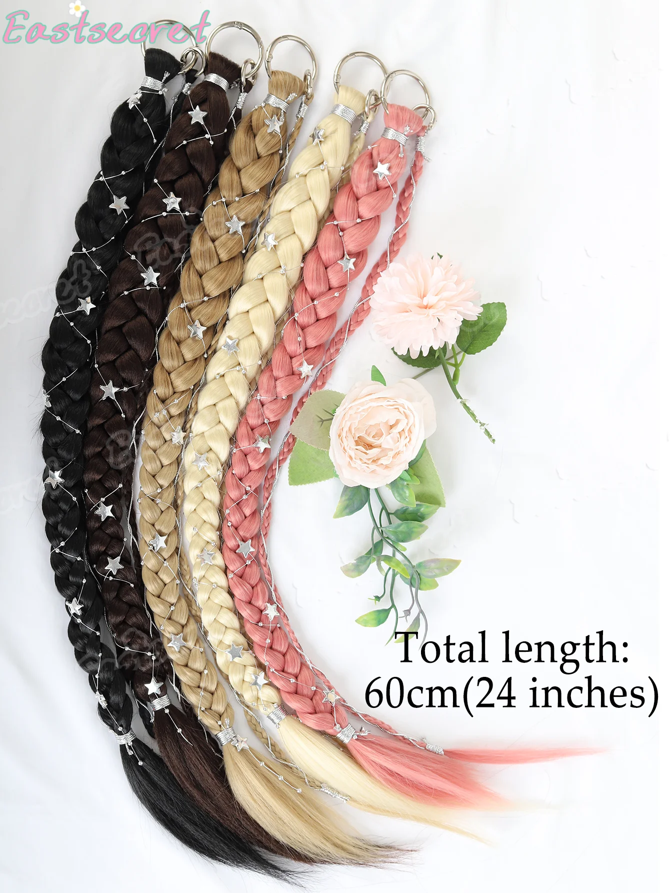 24Inch Silver Ring Buckle Star Fried Dough Twists Braid Fashion Braided Fine silver wire Ponytail Hair Decorate with pentagrams