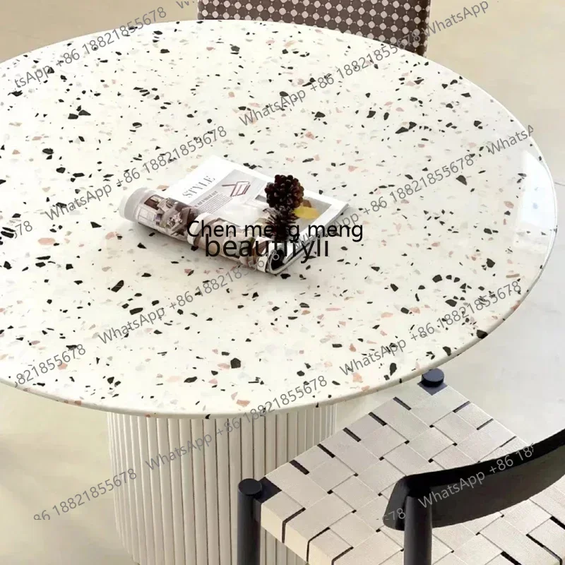 CC French cream style simple modern rock slab Roman column round table small apartment terrazzo dining table