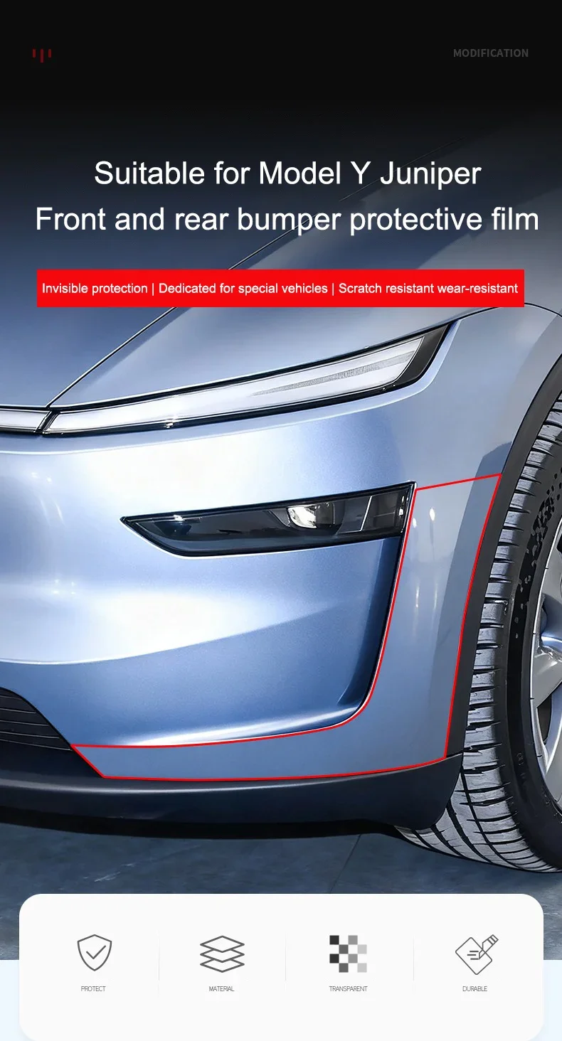 Für 2025 Tesla Model Y Juniper Frontstoßstangen-Schutzfolie, Kratzfeste Türfolie, TPU-Heckstoßstangen-Transparentfolie – Detail 5