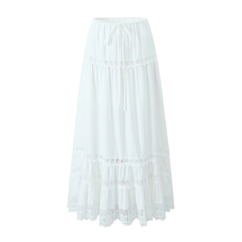 YENKYE Floral Embroidery Lace Patchwork White Long Skirt Women Vintage Elastic High Waist A-line Holiday Summer Skirts Cotton