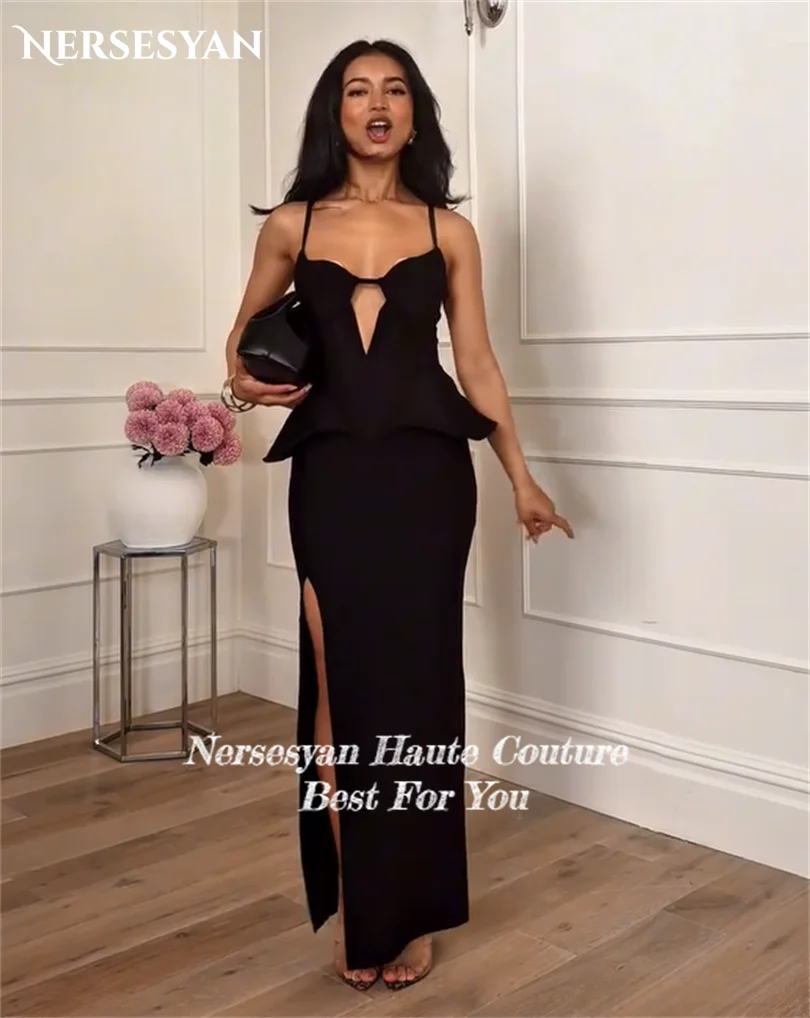 Nersesyan élégant noir sirène robes de soirée bretelles Spaghetti fente latérale robe formelle volants moulante robe Maxi personnalisé
