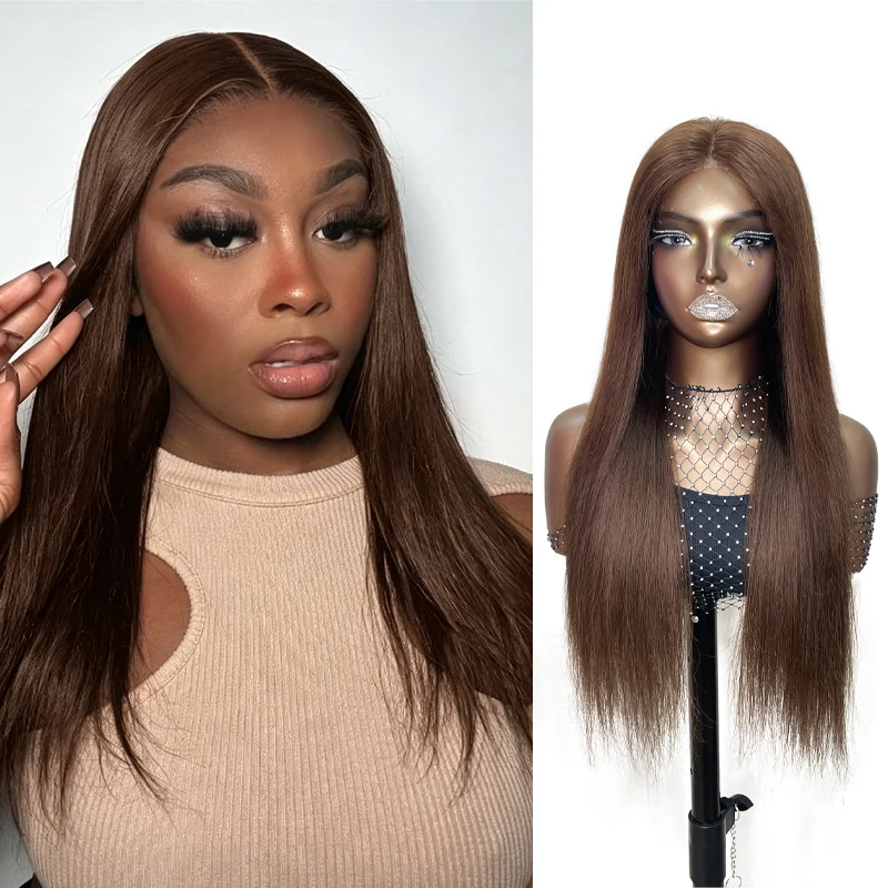 

Chocolate Brown 5X5 HD Transparent Lace Front Wig 100% Human Hair Straight Hair Wig Pre Plucked Remy Hair Glueless Wig for Women