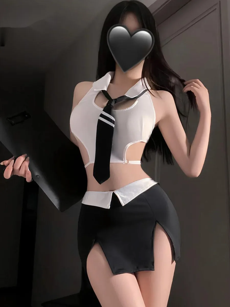 

Сексуальная открытая секретная юбка, комплекты униформы, сексуальное облегающее платье для флирта, чистое желание, галстук с открытой спиной и глубоким V-образным вырезом, комплекты юбок без рукавов Fiery GN9U