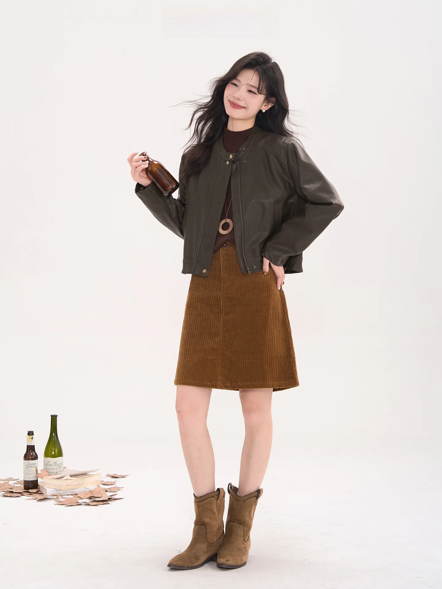 Sweet Cool Princ ort PU 가죽 자켓 여성용 심플 라운드 넥 지퍼 클로저 롱 슬리브 가을 아우터 코트