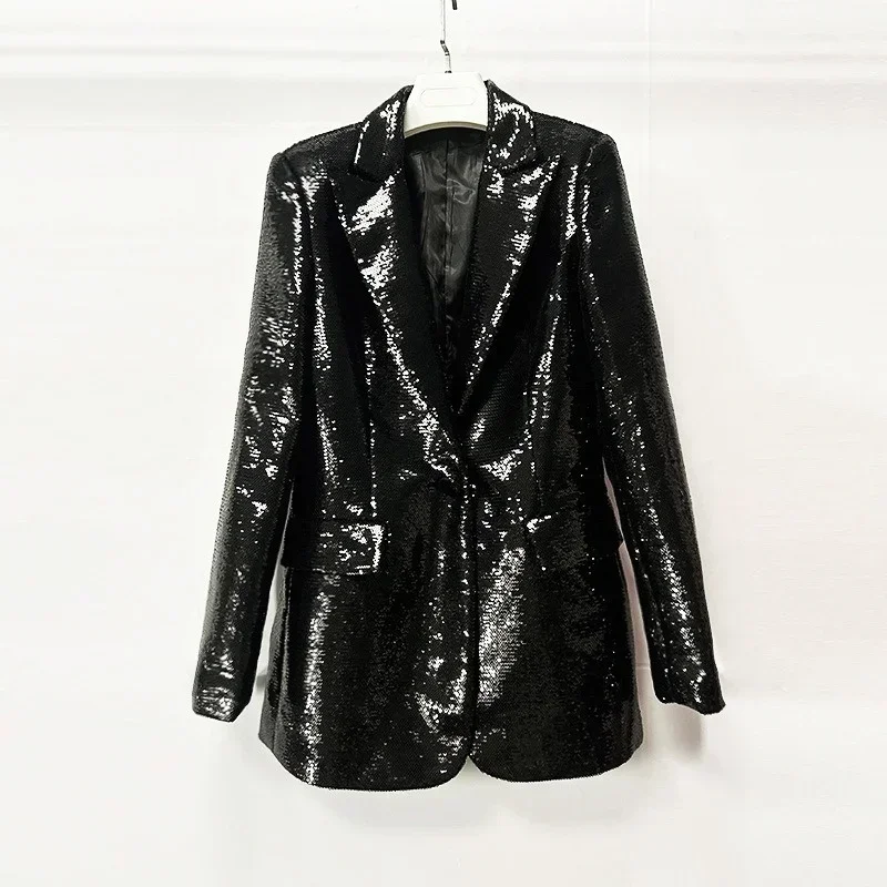 High Quality New Fashion 2024 Fall Winter Women\'s Notched Long Sleeve Sequins Blazer Zipper Two Pieces Black Short Sets