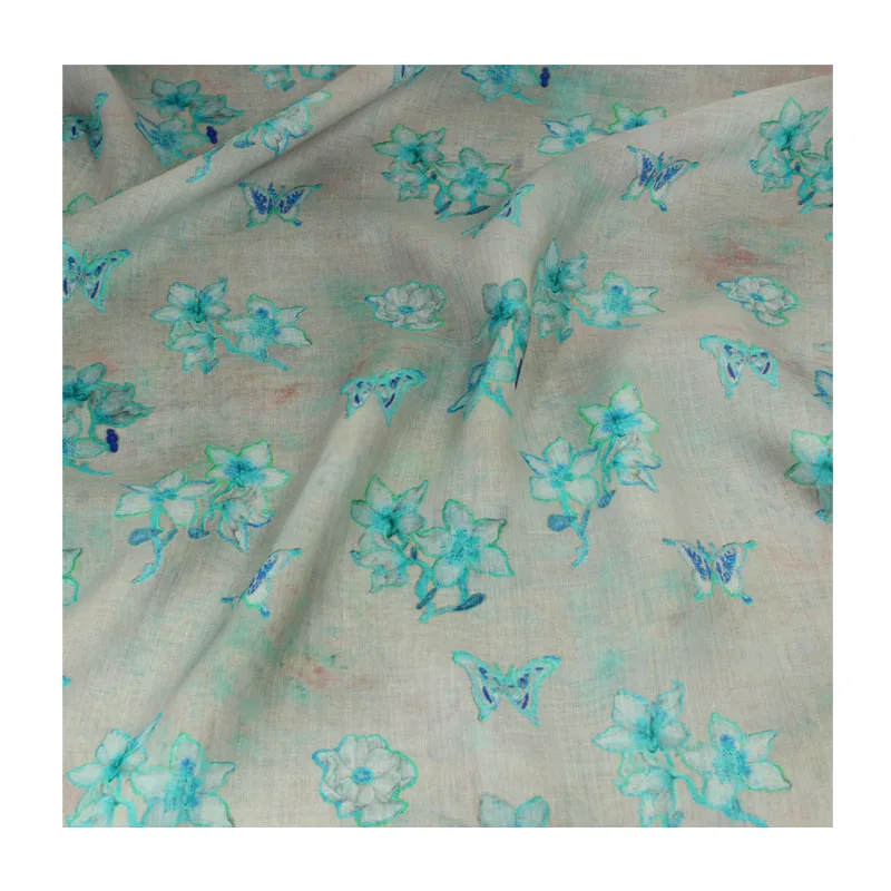 Rural Plant Printing and Dyeing Linen Clothing Fabric Light Gray Bottom Blue Flower High-Cut Dress Shirt Robe Fabric