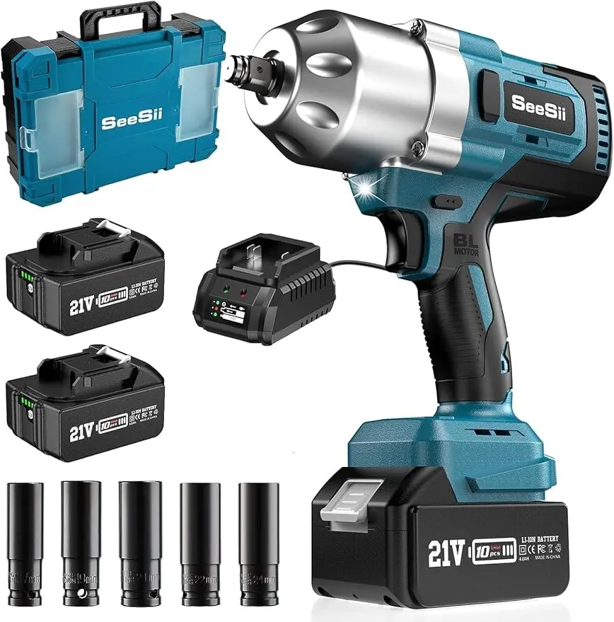 Seesii WH800 1300NM High Torque 1/2 Impact Wrench 960Ft-lbs Brushless Impact 2X 4.0Ah Battery Cordless Impact Wrench for Truck