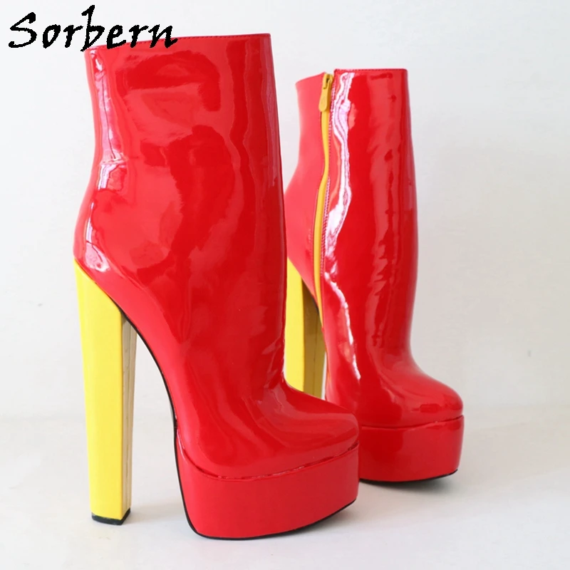 Sorbern 20Cm Block Heel Ankle Boots Unisex High Arch Platform Shoes For Drag Queen Spring Side Zipper Contrast Color