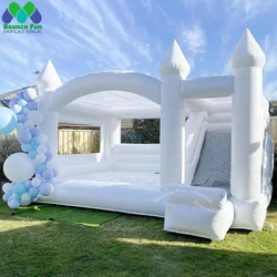 Casa de rebote de boda blanca comercial con torreta superior, castillo hinchable inflable, Combo de tobogán para niños y adultos