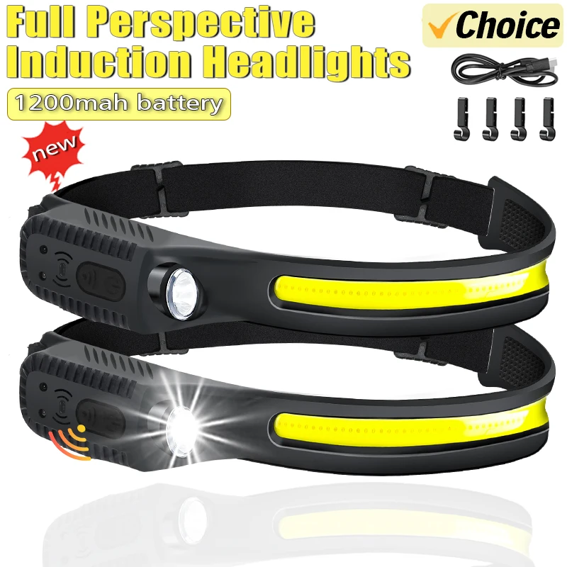 Induction Headlamp COB LED Sensor Head Lamp Built-in Battery Flashlight USB Rechargeable Head Torch 5 Lighting Modes Headlight