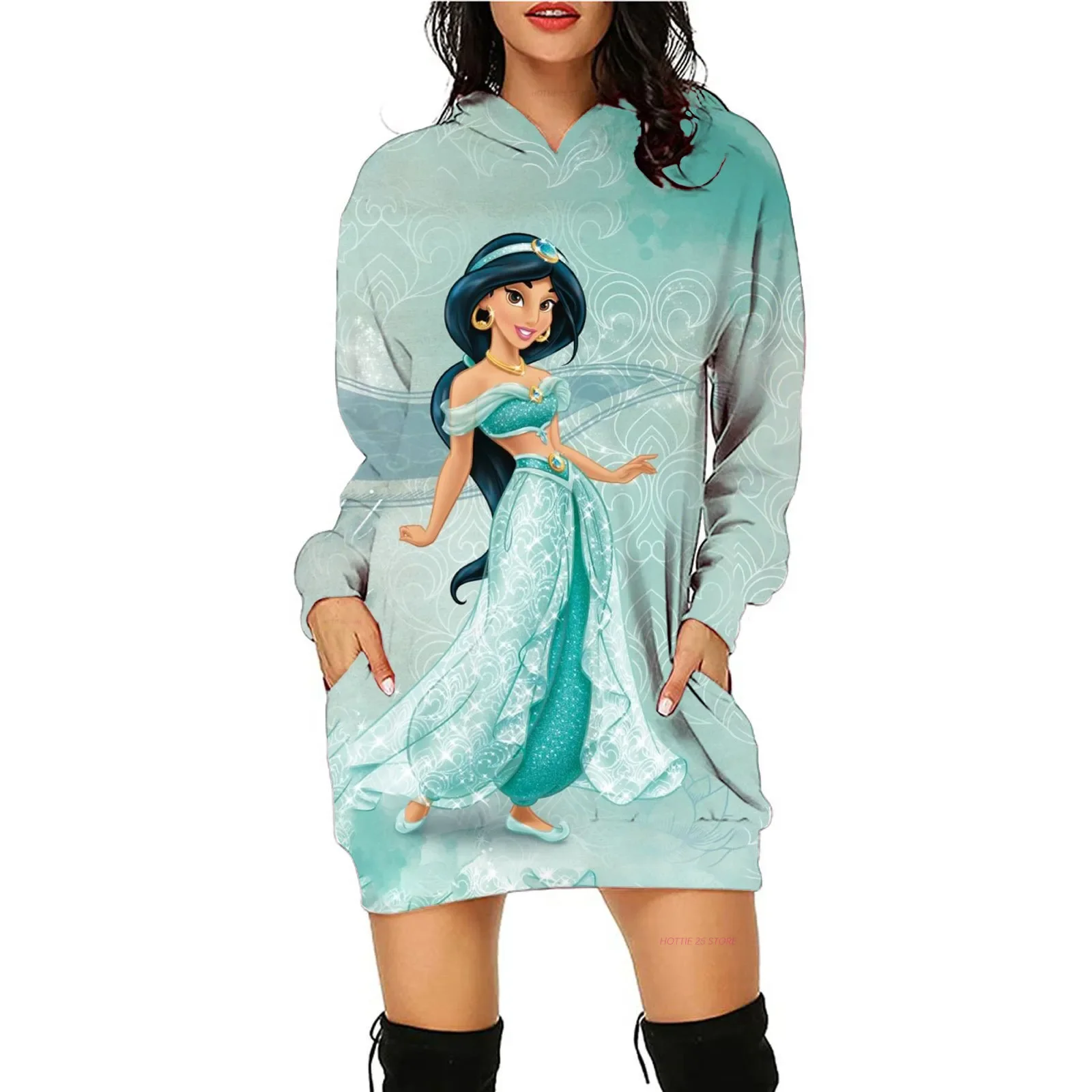 2024 New Disney Jasmine Princess Hoodie Dress Sweater Fashion Disney Dress Sweatshirt Dress 3D Allover Printed Hoodie For Women