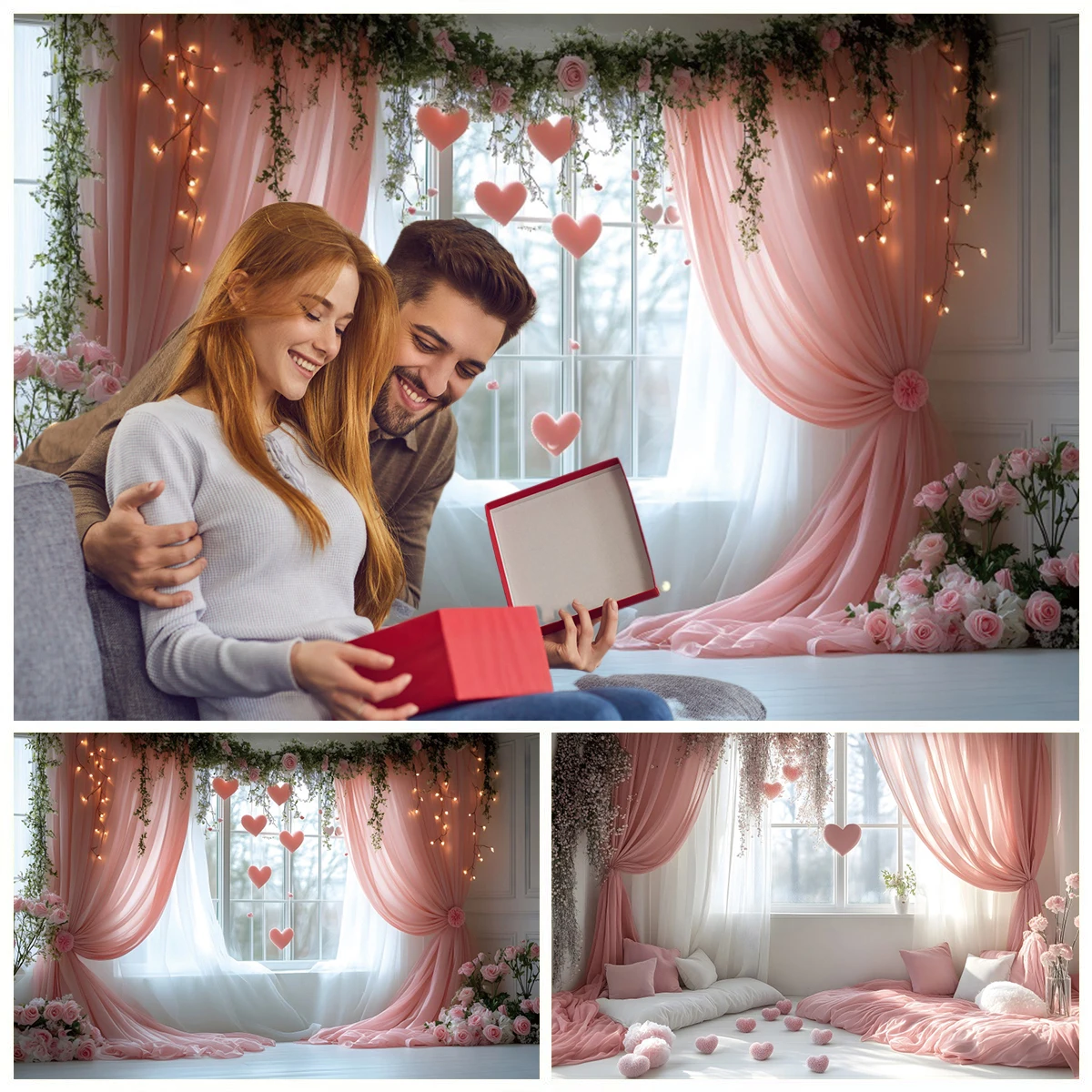 

February 14th Valentine's Day Backdrop Photography Love Heart Flower Window Pink Curtain Wedding Couple Photo Background Decor
