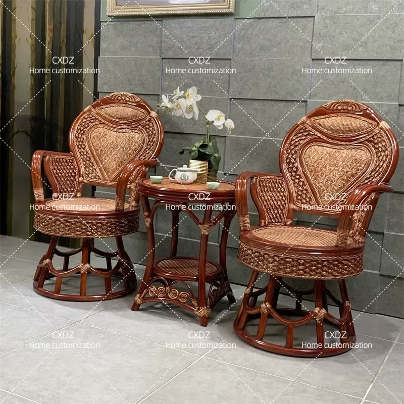 3 Piece Natural Rattan Chair Set with Rotating Tea Table Balcony Furniture Casual Comfortable Backrest Seating for Outdoor