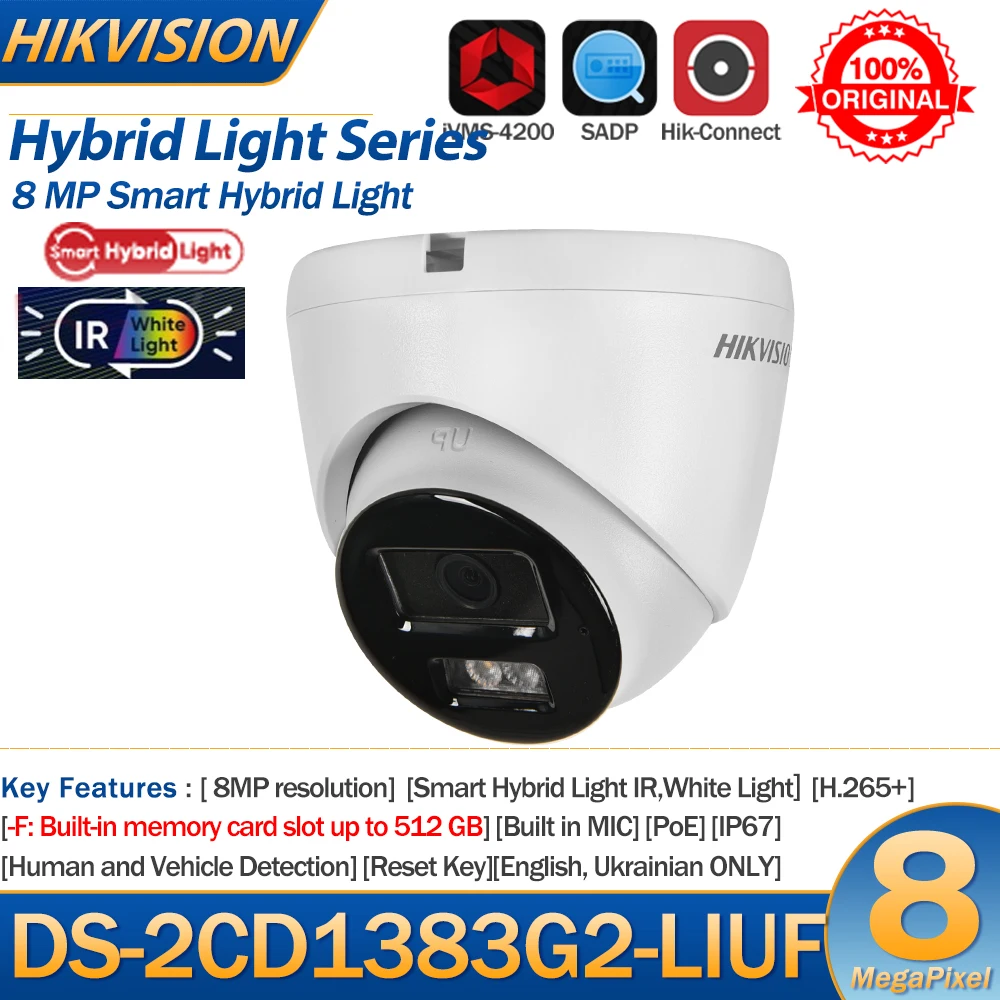 Hikvision 8MP IP Camera DS-2CD1383G2-LIUF 4K Smart Hybrid Light IR White Light Built-in Mic SD Card Slot Turret Network Camera