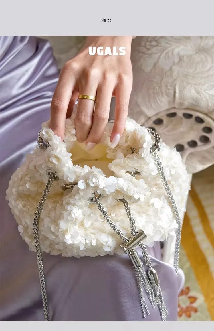 Luxury Designer Diamond Metal Ring Bucket Bag Women Handbag Glitter Sequins Exquisite Evening Bag Wedding Party Clutch Purse