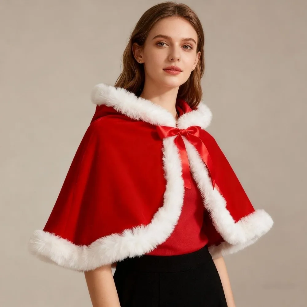 Simple Polyester Christmas Hooded Cloak Thick Xmas Cape Windproof Warm Women Ponchos Autumn Winter