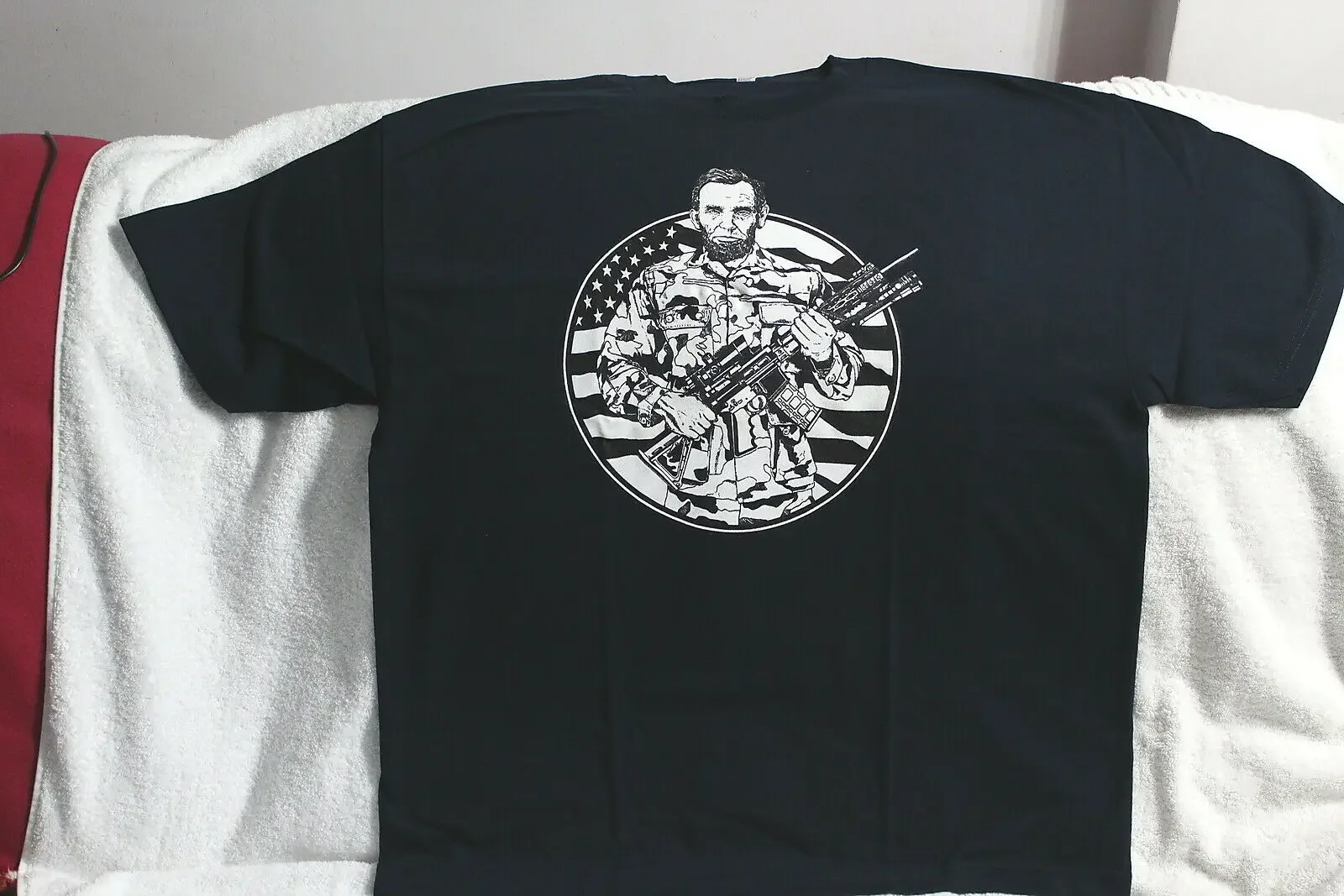 

ABRAHAM LINCOLN AMERICAN FLAG SOLDIER MILITARY GUN PRESIDENT T-SHIRT Men's 100% Cotton Casual T-shirts Loose Top Size S-3XL