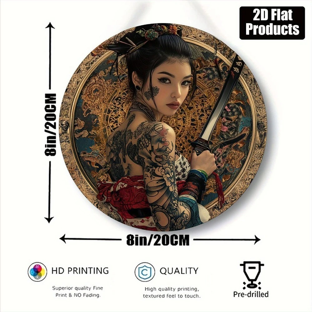 Japanese Female Samurai Metal Wall Art 8x8in - Floral Armor Design Vertical Hanging Decor Unique Cultural Gift for Home Bar