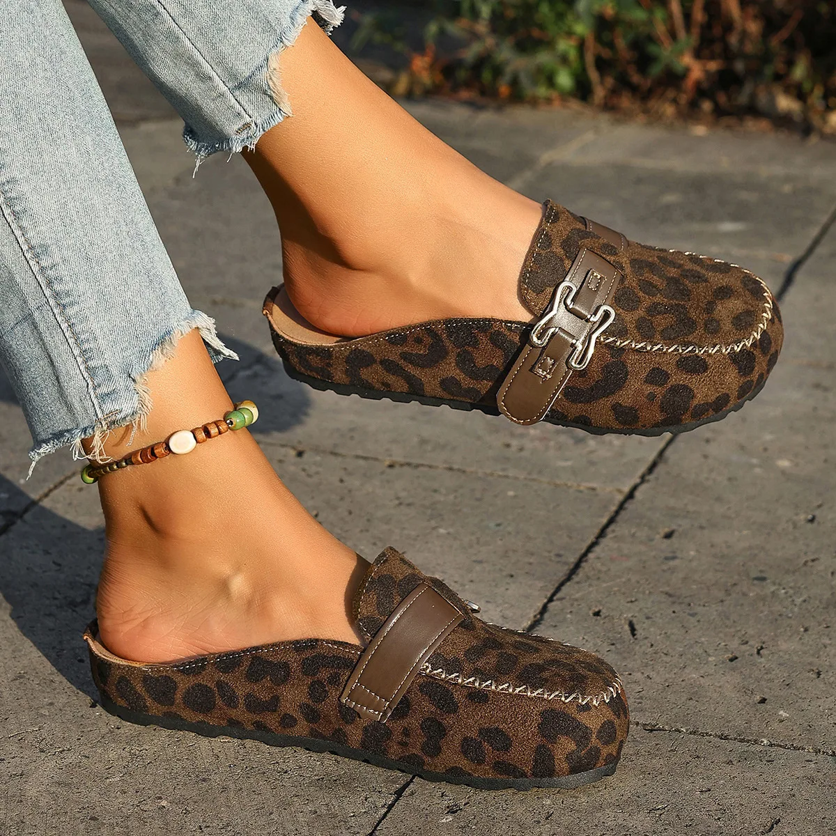 Retro large size two wear flat single shoes women's fashion one pedal bag head half drag big head foreign trade bean slippers