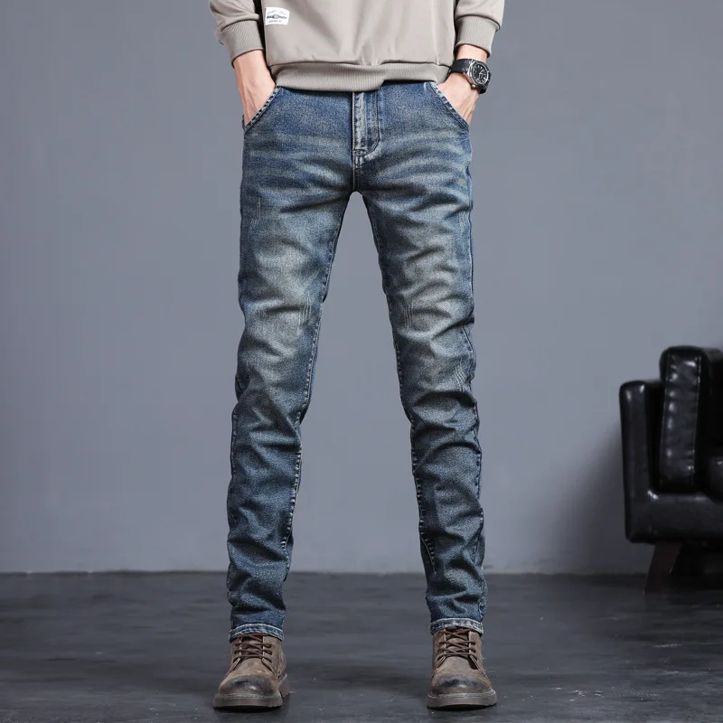 2023 New Autumn Winter Men's Jeans Vintage Blue Solid Color Elastic Classic Jeans Men Slim Fashion Denim Trousers Male 27-38