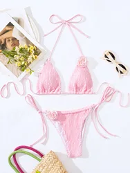 sexy 3D pink flower wrinkled halter string bikinis sets two pieces high waist swimsuit padded thong swimwear female bathing suit