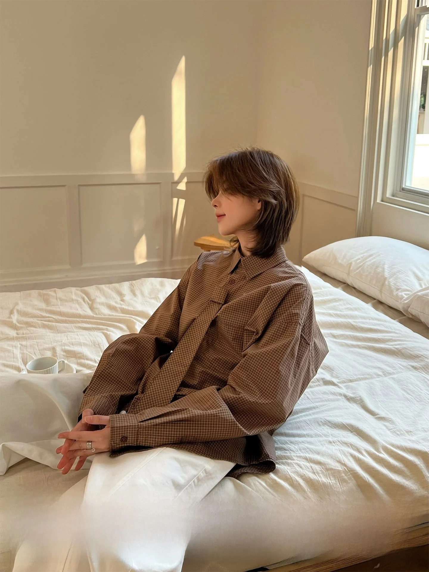 

Ja1 Neutral Style Long Sleeve Shirt with Fake Bow Tie College Style Plaid Loose Fit Versatile Layering Cotton Shirt
