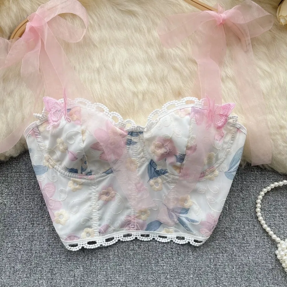 Chic Sweet Bandage Embroidery Camis French Fashion Tank Top Basic Slim Crop Top Sexy Goth Corset Bustier Summer Women Tops Ins