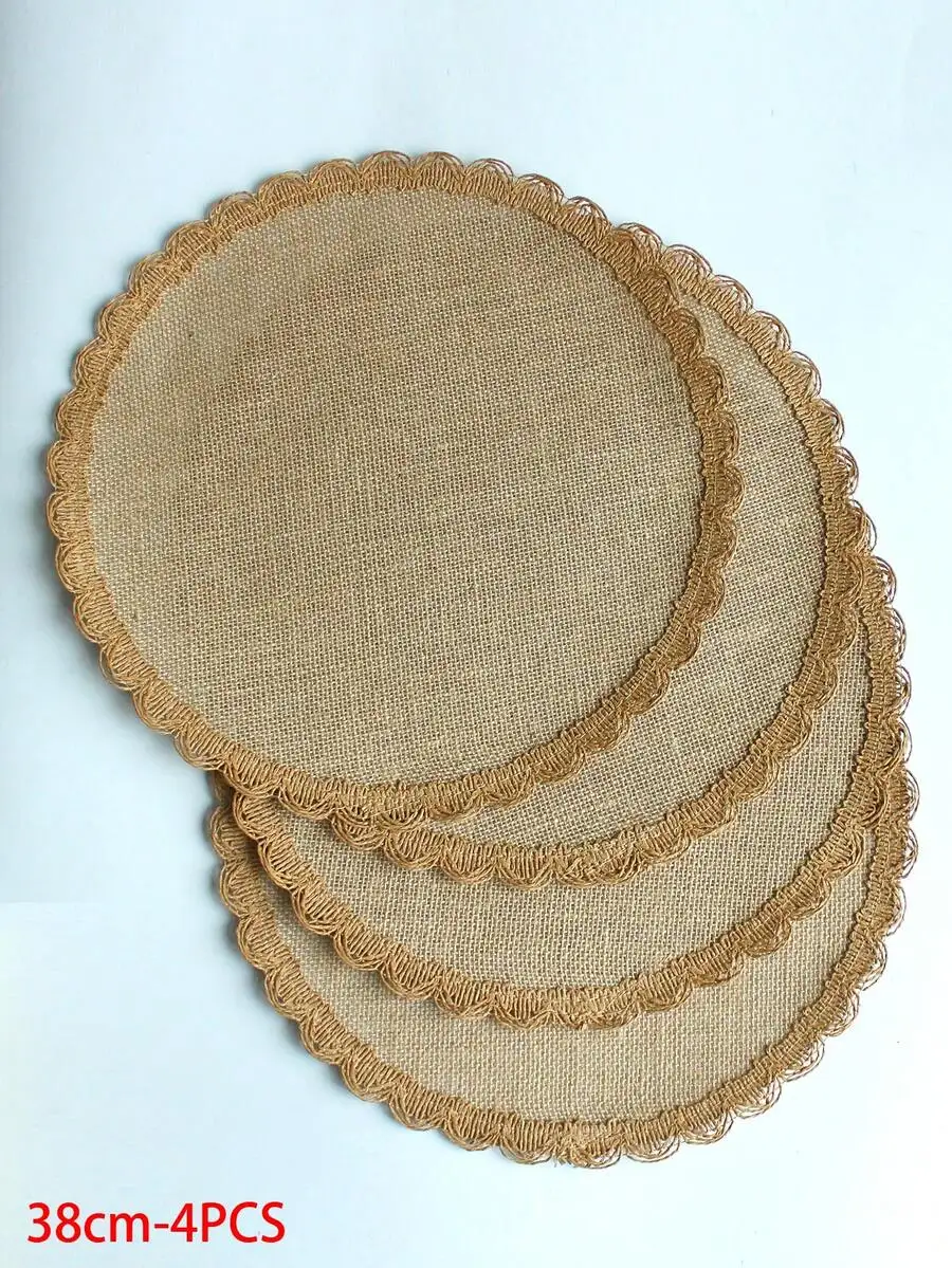 SGIAWETA-4pcs Round Linen & Burlap Placemats, Vintage Rustic Decor Round Tasseled Placemats, Pot Holders, Heat Resistant Kitchen & Dining Table Mats, Wedding Tablecloth, Home Decor, Suitable For Weddings, Parties, Family Gatherings-birthdaygift
