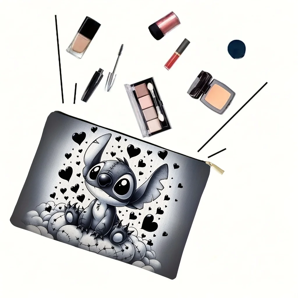 1 Disney Stitch Urocza kosmetyczka Stitch, z wzorami Stitcha i serc, idealna podróżna saszetka na zamek błyskawiczny - zabawny prezent urodzinowy