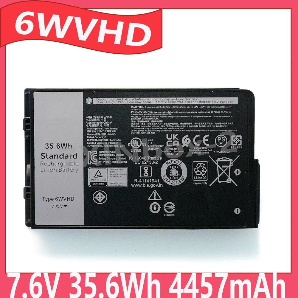 

6WVHD 7.6V 35.6Wh 4457mAh Laptop Battery For Dell Latitude 7230 Rugged Extreme Tablet T06H T06H001 Series FNW8F 0VDDJY VDDJY