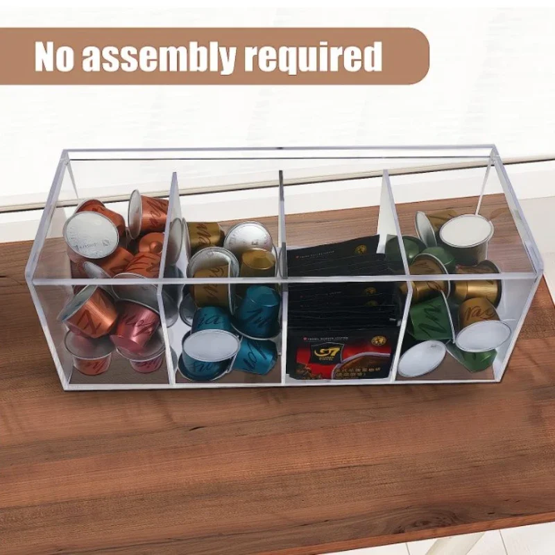 4-Partition Acrylic Storage Box with Lid for Nespresso Capsule Holder Kitchen Tea Bag Sundries Cosmetics Desktop Organizer